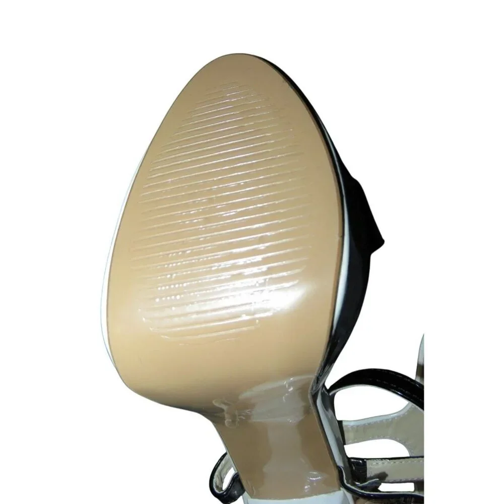 LEBE Ultra high White & Black vegan patent leather strappy stilettos 38 or US 8